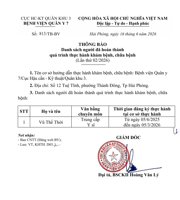 Thông báo Danh sách người đã hoàn thành quá trình thực hành khám bệnh, chữa bệnh (Lần thứ 02/2026)